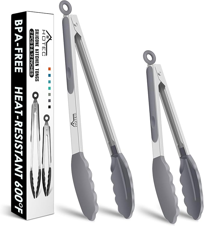 HOTEC Premium Stainless Steel Locking Kitchen Tongs with Silicon Tips, Set of 2-9" and 12" Light Grey
