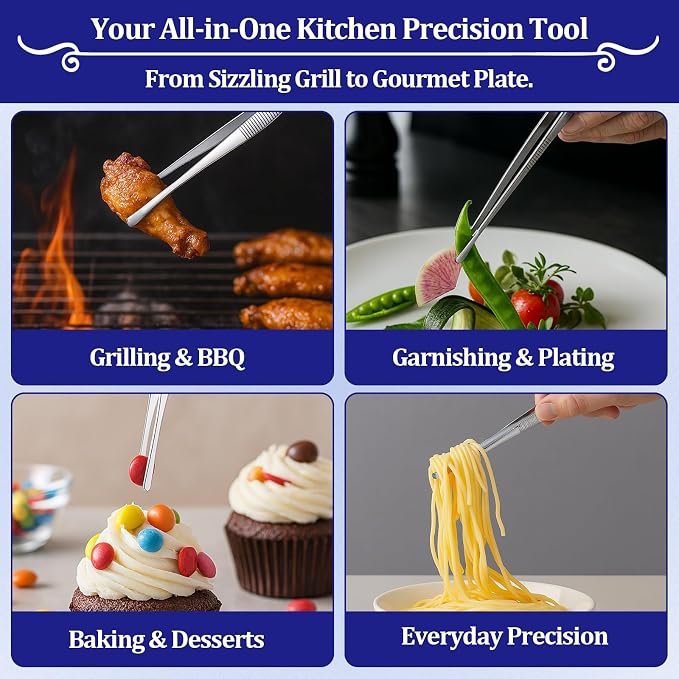 12-inch Stainless Steel Cooking Tongs & Tweezers, Non-Slip Grip & Serrated Tips for Grilling, Baking, Garnishing, BBQ, Kitchen & Craft Use (Round Tip)