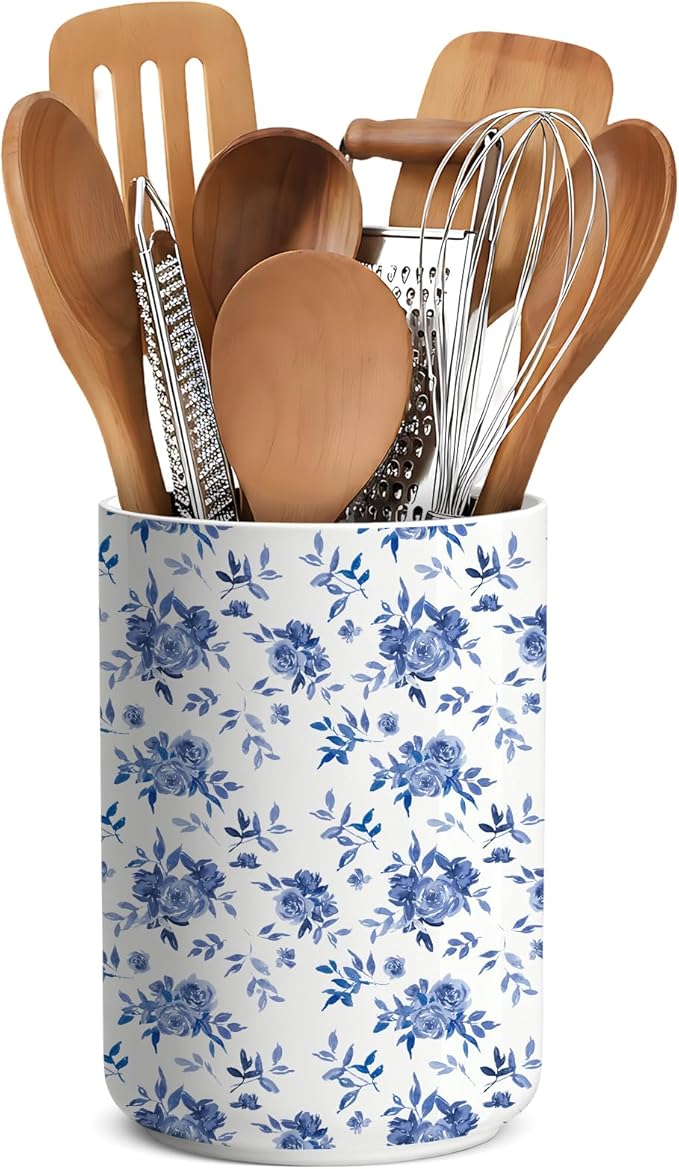 Utensil Holder, Utensil Holder for Kitchen Counter,Large Cooking Utensil Crocks for Kitchen Counter Decor,Morden Utensil Organizer,Ceramic Vase , H6.3 xD4.7(Blue and White Porcelain)