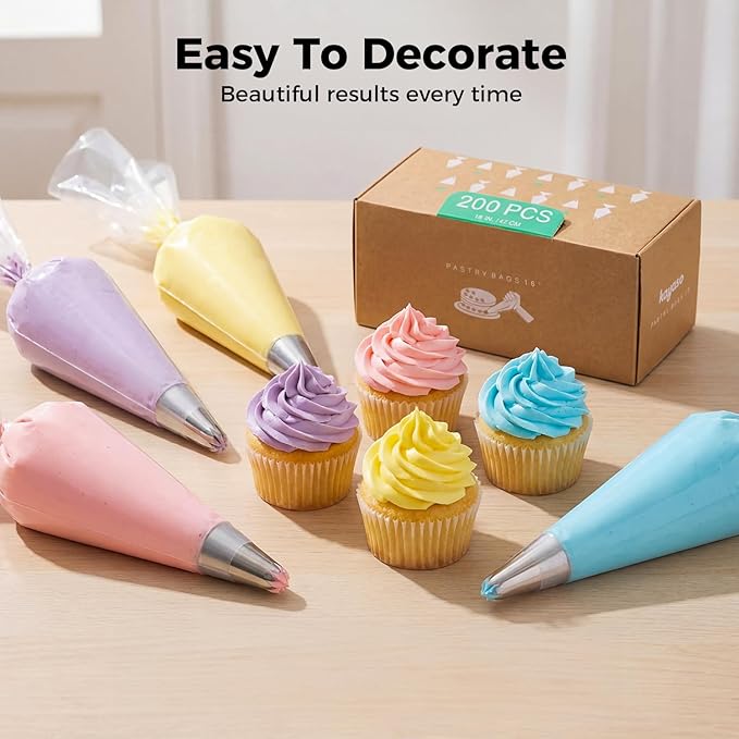 16-Inch Heavy-Duty Disposable Piping Bags, 200 Pack – Extra Thick Smooth Pastry Bags with Easy-Pull Dispenser Box for Cake Decorating, Buttercream Frosting, Cookie Icing & Baking Supplies