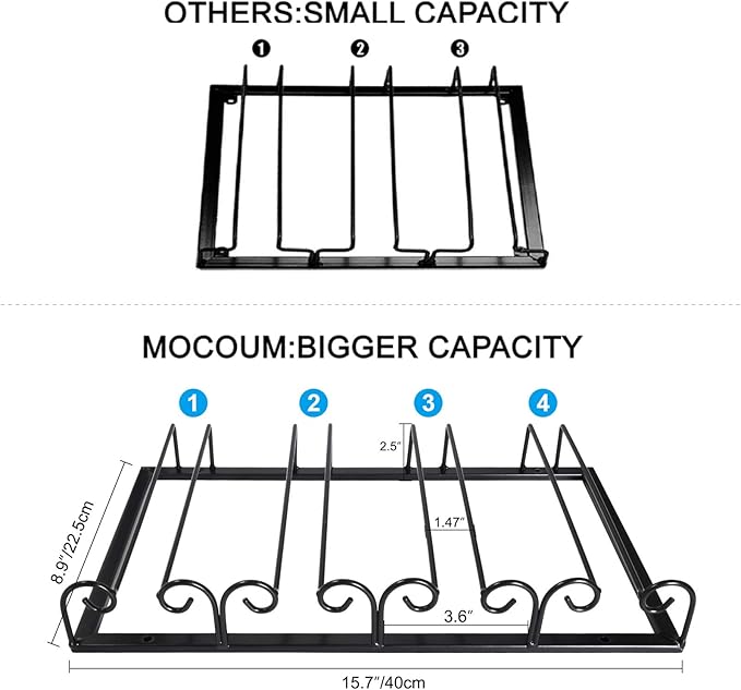 MOCOUM Under Cabinet Stemware Hanger, Glass Holder Storage Hanger for Cabinet Kitchen Bar (Black, 4 Rows 2 Pack)
