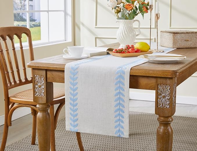 Wracra Embroidered Table Runner Irregular Willow Leaf Table Runners 72 Inches Long for Dresser Home Dining Table Decor,14 x 72 Inch, Blue