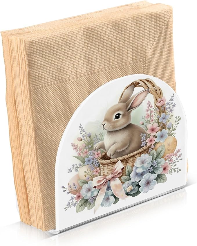 Cute Watercolour Little Rabbit Easter Napkin Holder for Tables Paper Cocktail Napkin Holders for Kitchen Dinning,Acrylic Dinner Napkin Dispenser for Restaurant Home Decor Bar Accessories 2 Pack