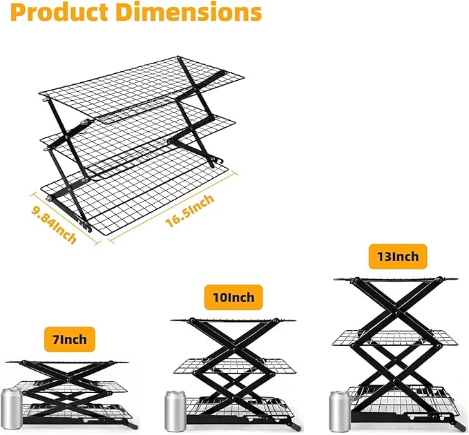 3 Tier Collapsible Cooling Rack, Adjustable Stackable Wire Cooling Racks for Baking, Tight-Grid Cookie Cooling Rack, Space-Saving Baking Rack for Small Kitchen, Camping & BBQ