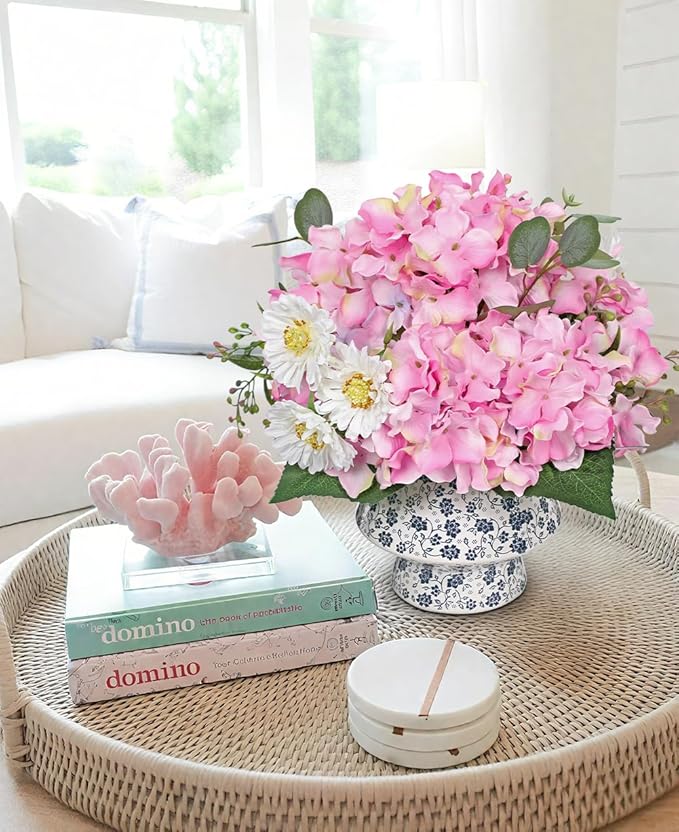 Briful Centerpiece for Dining Table with Faux Hydrangea, Artificial Pink Hydrangea Arrangement in Blue & White Vase, Dining Table Decor Farmhouse Coffee Table Decor, Fake Flowers in Vase Home Decor
