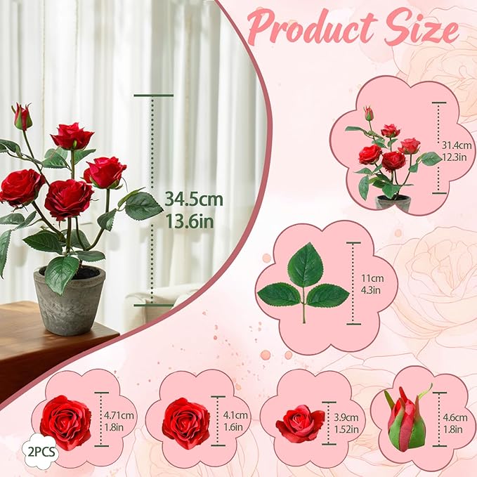 Rose in Pot Decor Potted Artificial Flowers Mini Plants Faux Flowers Indoor Small Decor Fake Roses for Home, Bathroom, Kitchen, Offices, Wedding Party Centerpieces (Rose Red)