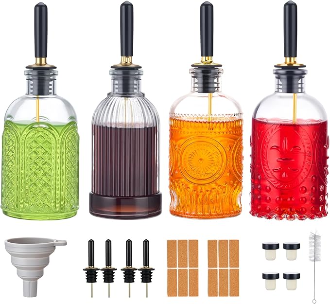gegewawa 4pcs Glass Coffee Syrup Dispenser Bottles 7 OZ, Simple Syrup Bottles with Metal Pour Spout, Syrup Dispenser for Coffee Bar Accessories for Maple Honey Syrup Oil and Sauces