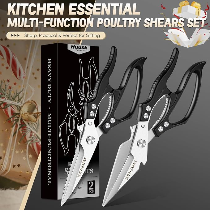 Huusk Heavy Duty Kitchen Shears Set – All Purpose Japanese Kitchen Scissors for Chicken, Meat, Fish, Vegetables & Pizza, Poultry Shears with Ergonomic Non-Slip Black Handle, Gifts for Women Men