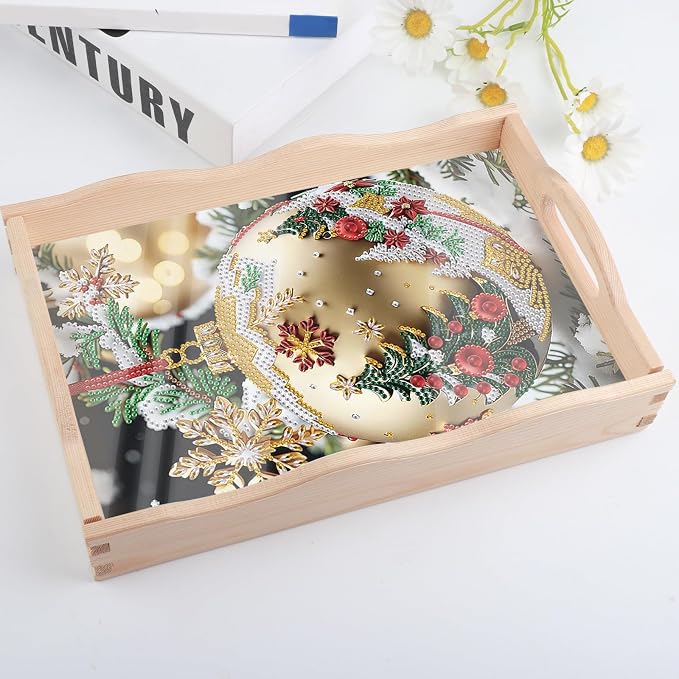 DIY Diamond Serving Tray Rectangular Breakfast Tray with Handle Handmade Diamond Art Painting Wooden Tray for Dinner Plate Coffee Room Living Home Organizer-Decorative Balls