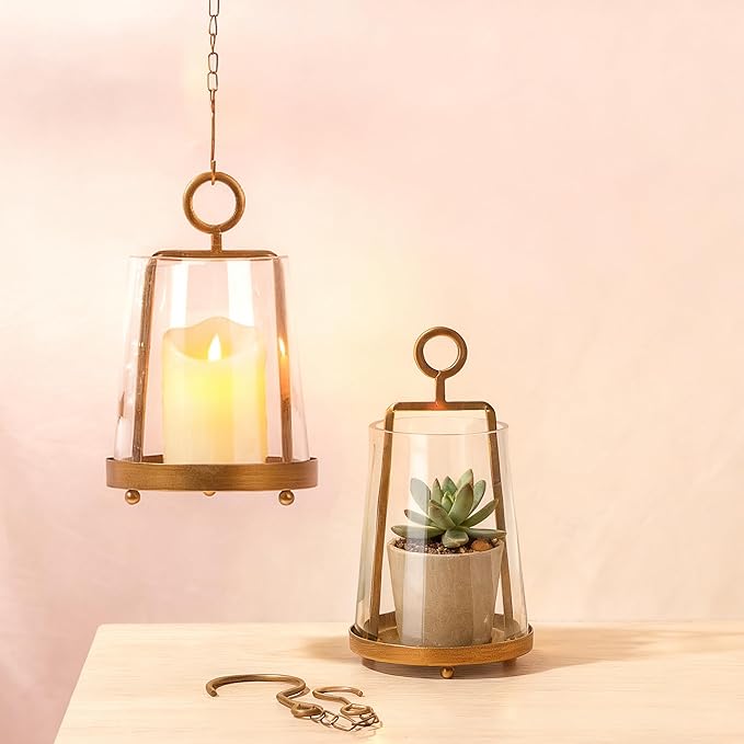 6" & 4" Wide Modern Farmhouse Metal Hurricane Candle Holder with Handmade Sturdy Glass Sleeve in Antique Brass for Pillar Candle & Plants, Glass Hurricane Lantern, Industrial, Minimalistic
