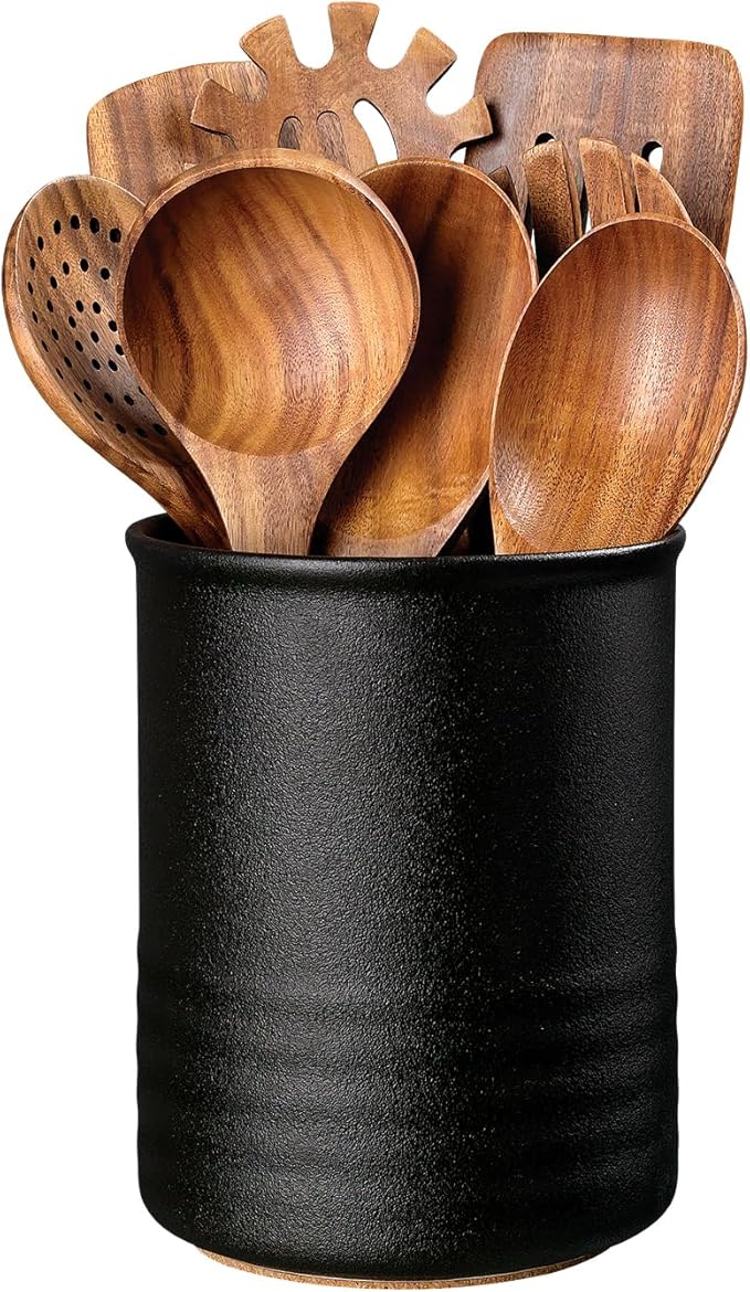 ABRUTY Utensil Holder, 6.7" Ceramic Kitchen Utensil Crock for Countertop Cooking, Modern Utensil Caddy Jar Organizer for Farmhouse Kitchen Counter Décor, Textured Black