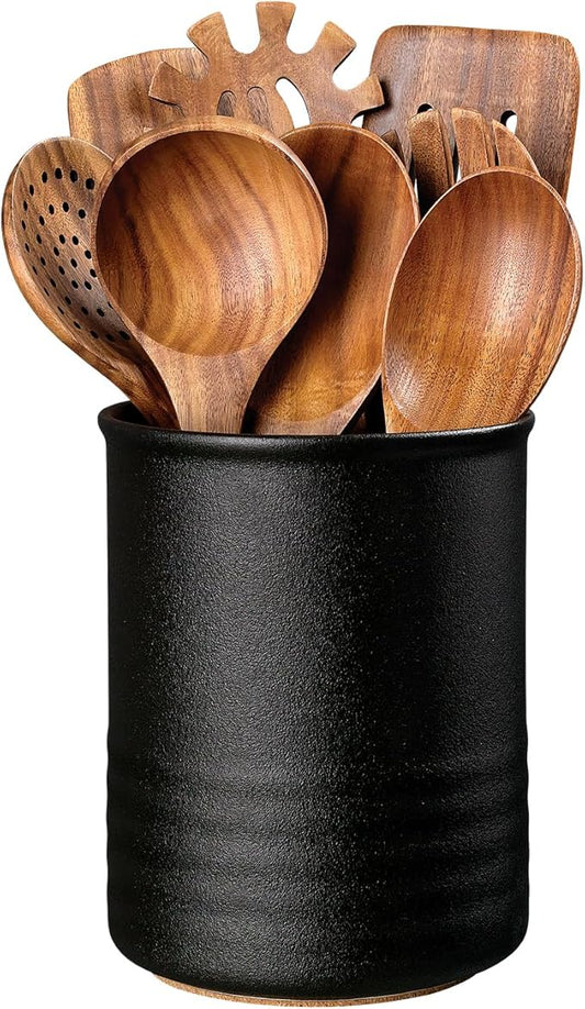 ABRUTY Utensil Holder, 6.7" Ceramic Kitchen Utensil Crock for Countertop Cooking, Modern Utensil Caddy Jar Organizer for Farmhouse Kitchen Counter Décor, Textured Black