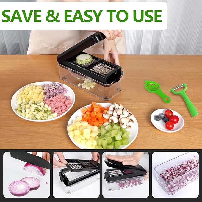Vegetable Chopper, 4 in 1 Veggie Chopper, Multi-functional Salad Chopper, Mandoline Slicer, Onion Chopper, Food Chopper with Container and Lid (Black)