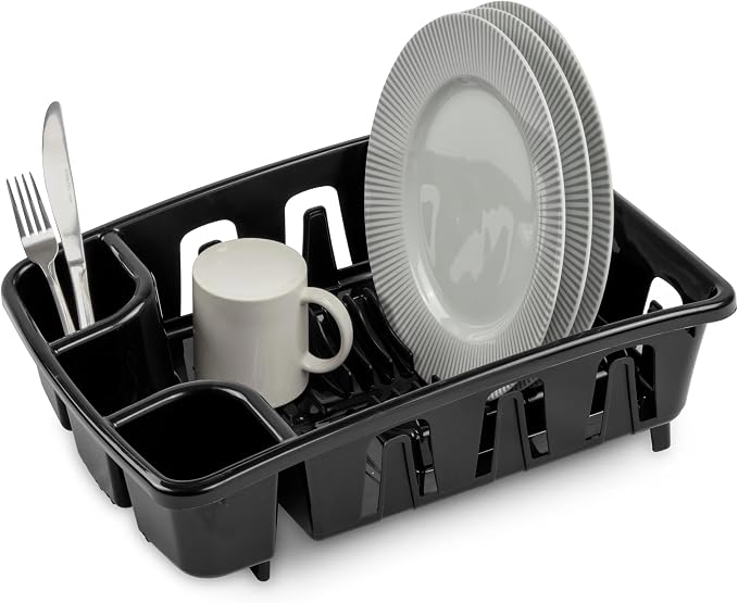 Dish Drying Rack with Drainboard Set, All-in-1 Kitchen Dishrack with Inclined Base for Quick Water Drainage, Black Plastic Dish Drainer