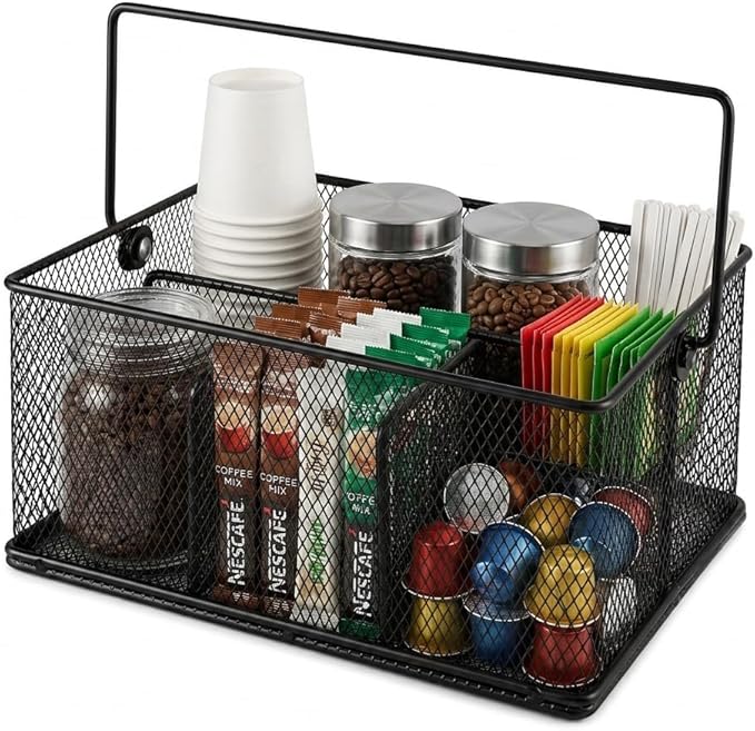 Coffee Bar Organizer,Metal Mesh Snack Organizer Basket with Hideaway Handle,Large Capacity Coffee Snack Holder for Countertop,Coffee Pods,Tea Condiment,Snack Bar,Kitchen Pantry Storage(Black)