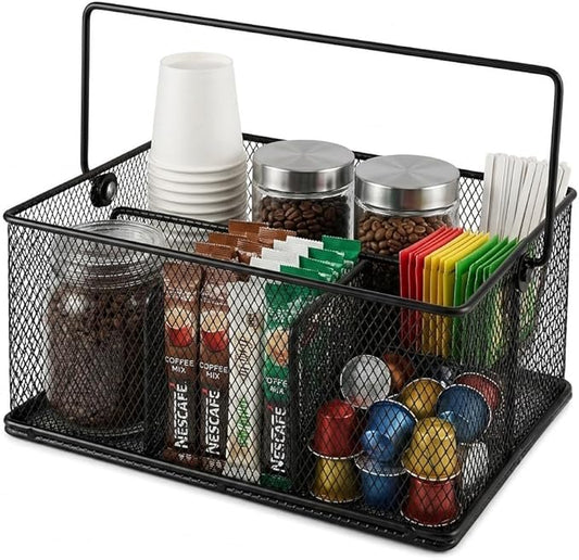 Coffee Bar Organizer,Metal Mesh Snack Organizer Basket with Hideaway Handle,Large Capacity Coffee Snack Holder for Countertop,Coffee Pods,Tea Condiment,Snack Bar,Kitchen Pantry Storage(Black)
