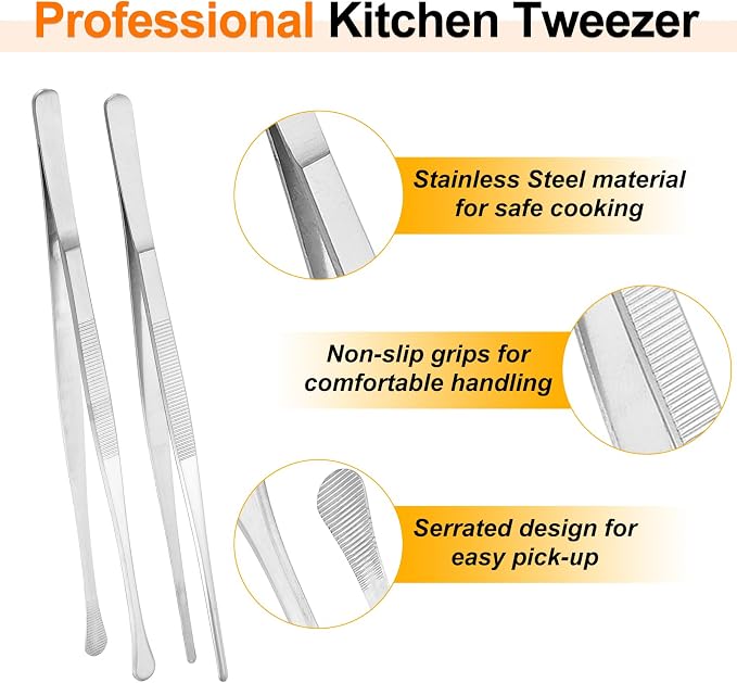 HARFINGTON 2pcs 12 Inch Fine Tweezer Tongs Extra-Long Stainless Steel Non-Slip Kitchen Cooking Tweezers Tongs with Round Tip for Repairing Roasting Barbecue Baking
