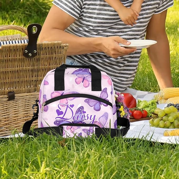 Personalized Butterfly Lunch-Bag for Women, Custom Insulated Cooler Lunch Box with Name, Leakproof-Reusable Lunch Tote Bag for Work Office Picnic - Pink Purple 4