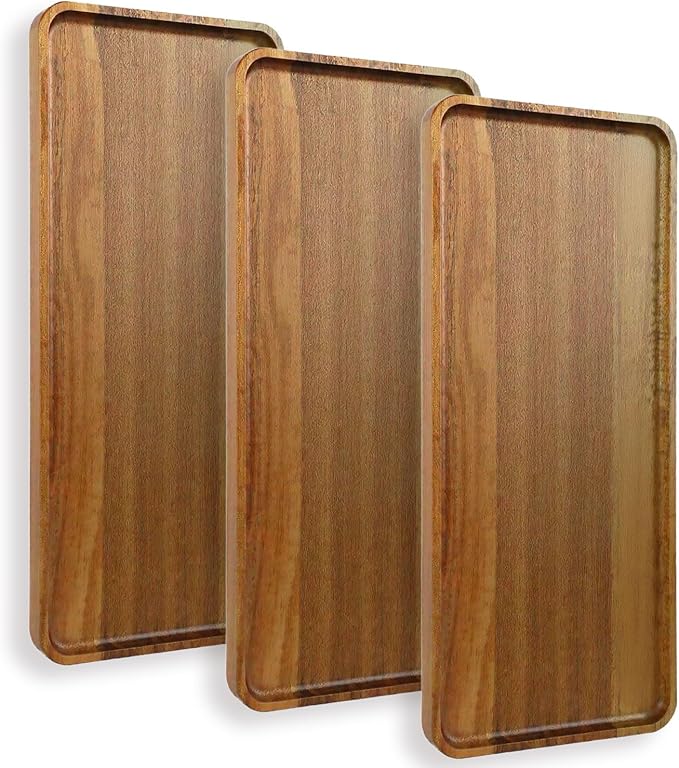 3Pcs Acacia Wooden Serving Tray - Wooden Charcuterie Board - Rectangle Wood Platter for Serving Food, Fruit & Cheese Board Wood Dessert Trays (3, 14"x5.5"x0.6")