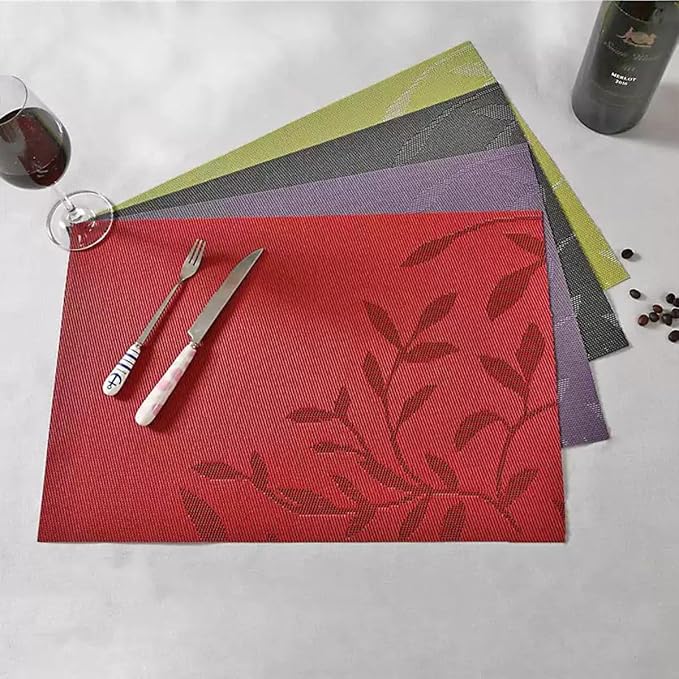 Leaf Placemats Set of 8 Non-Slip Heat-Resistant Vinyl Washable Place Mats for Kitchen Table Indoor Outdoor Durable (18"x12", Green)