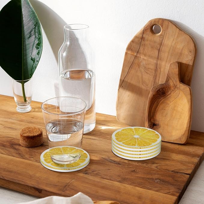Lemon Yellow Coasters Set of 4 Absorbent Ceramic Coasters for Drinks Modern Cup Coaster with Cork Backing Cute Stone Coaster Housewarming Gifts 4.1 Inches