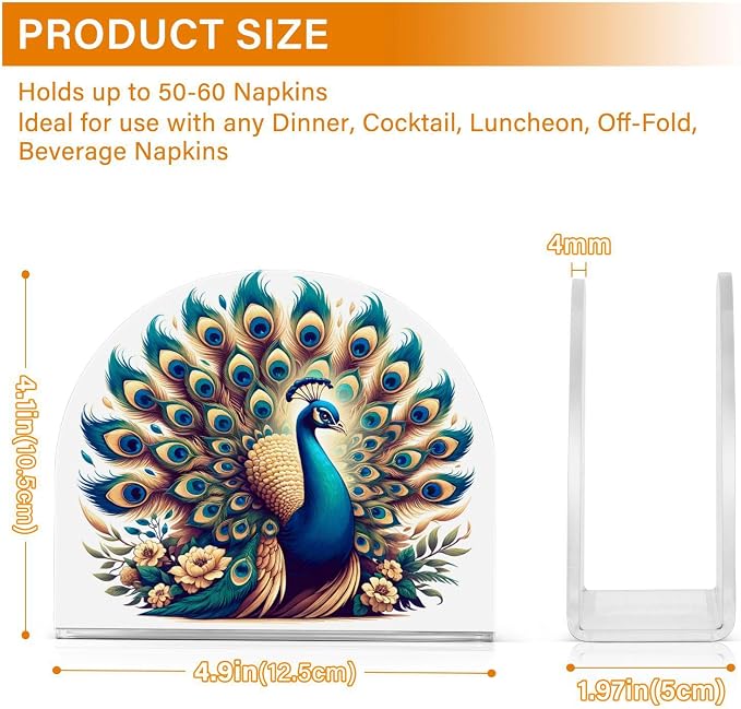 A Beautiful Peacock Napkin Holder for Tables Paper Cocktail Napkin Holders for Kitchen and Dinning, Acrylic Dinner Napkin Dispenser for Restaurant Home Decor Bar Accessories 2 Pack