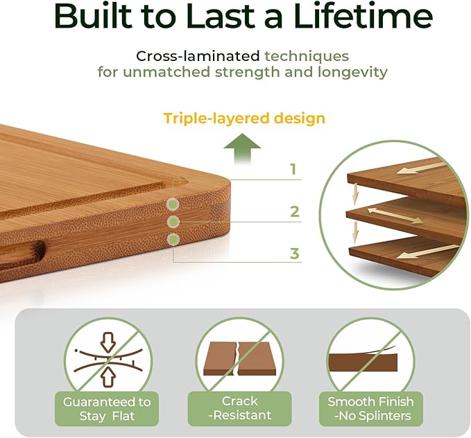 Keechee Bamboo Cutting Board, Durable Wood Cutting Boards for Kitchen with Deep Juice Grooves & Built-in Handles, Ideal Charcuterie & Chopping for Meat, Vegetables and Fruits Ideal Kitchen Gifts