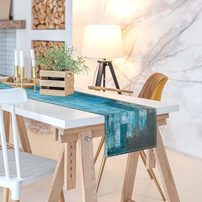 Table Runner Modern Abstract Art Painting Linen Dresser Runner Rustic Farmhouse Style Table Decor for Kitchen Dining Wedding Coffee Home Party (Teal, 13"x 71")