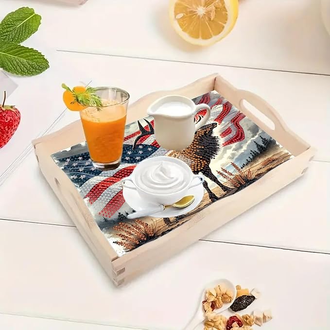 BAYUNOE DIY Diamond Serving Tray Rectangular Breakfast Tray with Handle Handmade Diamond Art Painting Wooden Tray Spring Creative Dinner Plate Coffee Room Living Home Organizer-USA Moose