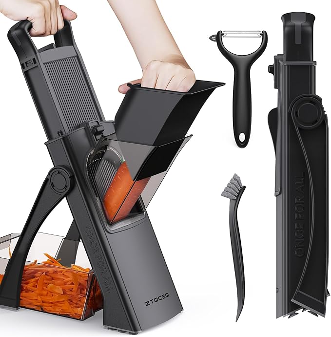 [All in 1] Upgraded Version Safe Mandoline Slicer for Kitchen, Adjustable Thickness. Veggie Slicer, Rapid Prep Mandoline, Detachable Blade, Cleaning Brush/Paring Knife (Black Knight)