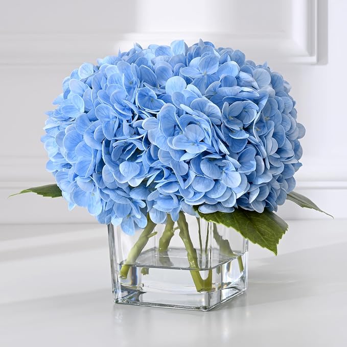BLEUM CADE Luxury PU Fake Flowers in Vase with Faux Water, Blue Real Touch Hydrangea Artificial Flowers with Glass Vase for Office Home Dining Room Centerpiece Table Decorations