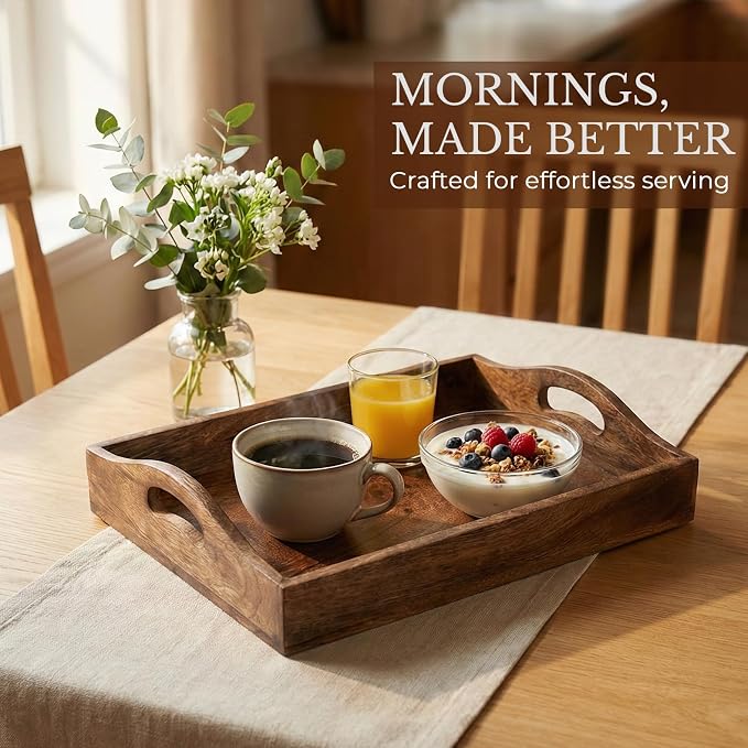Ajuny Set of 3 Wooden Serving Tray with Handles Decorative Solid Plain Style Handcrafted Rectangular Platter for Snacks Coffee Tea and Versatile Kitchen & Home Gift (15.7x11, 13.7x9.9, 11.4x8 Inch)
