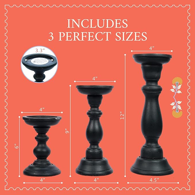 Mela Artisans 6”, 9” & 12” Mango Wood Pillar Candle Holder Set of 3 – Tuli Design Matte Black – Wooden Candle Holders for Table, Mantel & Living Room Décor