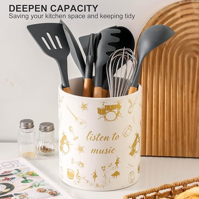 7" Music Utensil Holder, Large Kitchen Utensil Holder Organizer , White Stable Utensil Crock Spatula Holder for Kitchen Counter Countertop Farmhouse Cooking Tools Holder