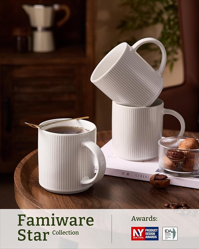 famiware Coffee Mug Set for 6, Star 16 oz Catering Mugs Cup Set with Handle for Coffee, Tea, Cocoa, Milk - Ceramic Stoneware Drinkware Set, Matte White