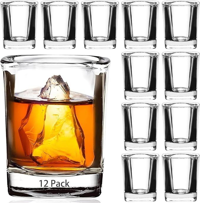 Ruckae 12 Pack 2 OZ Shot Glasses Set Clear Shot Glasses Bulk with Heavy Base Bar Square Glass Shot Cups for Vodka Tequila Whiskey Liquor