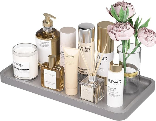 Weenson Bathroom Vanity Tray for Perfume Makeup Jewelry Decor Candle, Bamboo Kitchen Tray for Soap Dispenser Spice, Coffee, Toilet Tank Tray Nightstand Silver 11.81”L x 6.1”W x 0.79”H