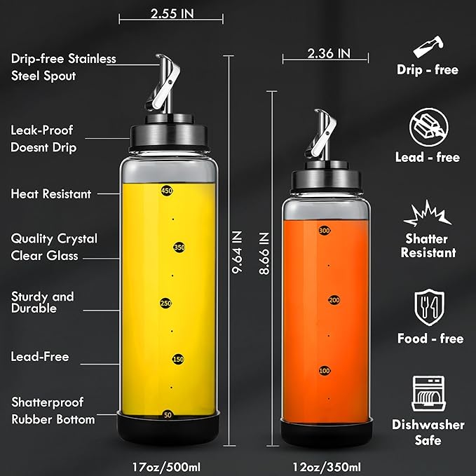 Glass Olive Oil Dispenser Bottle for Kitchen Shatterproof & Leakproof Cooking Oil Dispenser with Stainless Steel Spout & Rubber Bottom 17 oz Heat Resistant Olive Oil Bottle