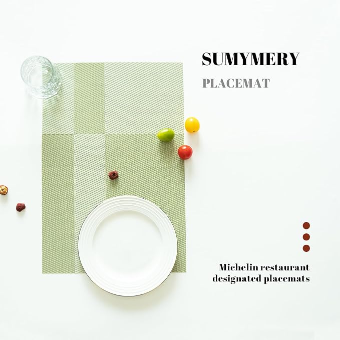 Placemats Set of 8 Vinyl/Plastic Woven Place Mats for Kitchen Table Indoor/Outdoor Washable Placemat Wipeable Dining Table Mats (Green Cube,8)