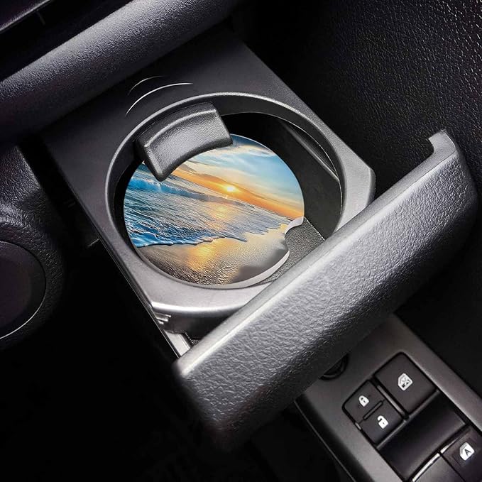 Small Car Coasters for Cup Holders 2.65" Absorbent 6 Pack Car Coaster Ceramic Stone for Drinks Absorb Water Drops Beautiful Sunset Seascape Waves and Beach