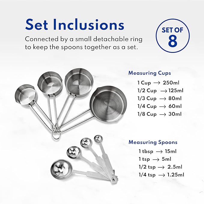 New Star Foodservice 42917 Stainless Steel Measuring Cups and Spoons Set, 8-Piece Metal Measuring Set for Baking, Cooking, Dry and Liquid Ingredients, Restaurant Grade, Silver