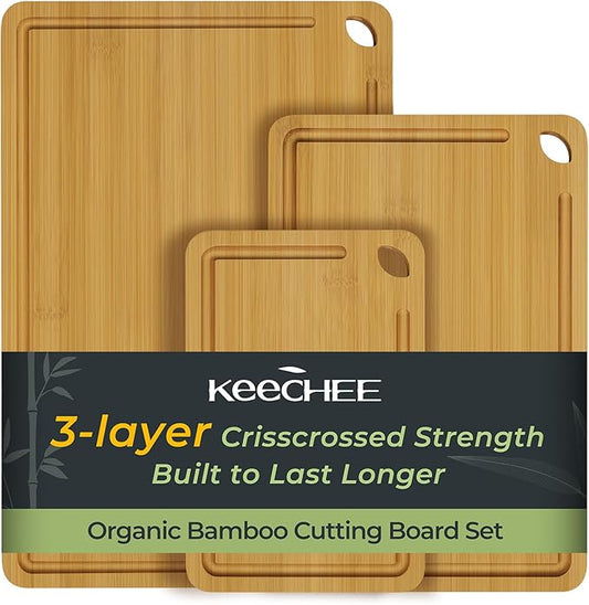 Keechee Wood Cutting Board for Kitchen - Reversible Bamboo Cutting Boards Gift Set of 3 with Juice Groove, Wooden Chopping Board for Meat, Fruit, Vegetables & Cheese (Pre Oiled, Natural)