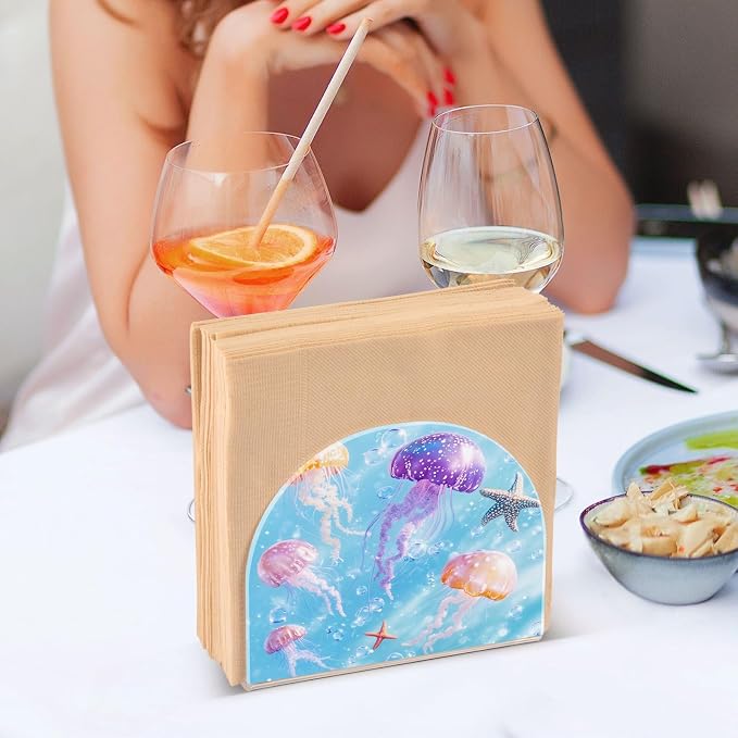 Napkin Holder Acrylic Napkin Holder for Table Kitchen Party Restaurant U Shaped Upright Napkin Dispenser Organizer Blue Jellyfishes Bubbles and Starfish