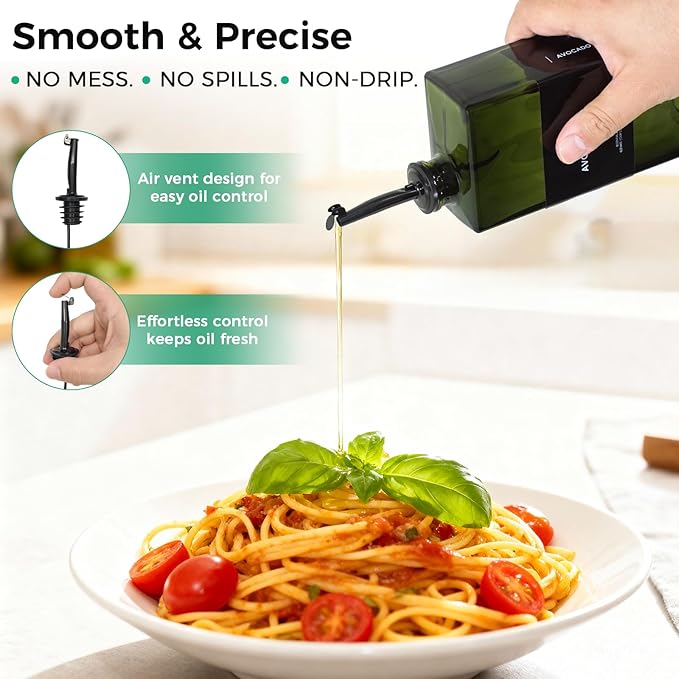 WISIMMALL Olive Oil Dispenser Bottle For Kitchen, 17OZ UV-Blocking Oil And Vinegar Dispenser Set Of 4, Soy Sauce Cooking Oil Dispenser with 4 Stainless Steel Pourers & 44 Labels