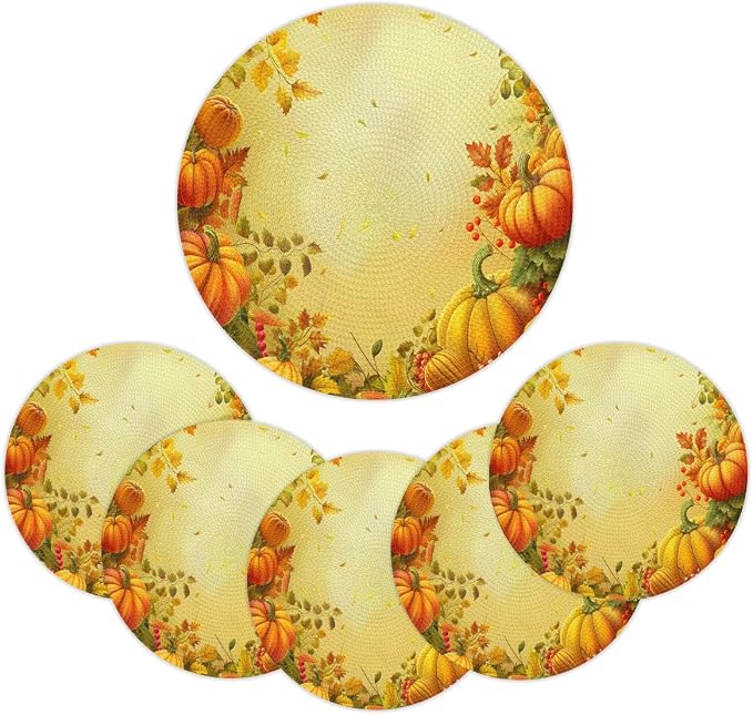 Round Placemats Set of 4, Autumn Pumpkin Maple Leaves Woven Placemats Mats Non-Slip Heat Resistant Washable Table Mats Round Braided Place for Farmhouse Kitchen Dining Party Decor 15in