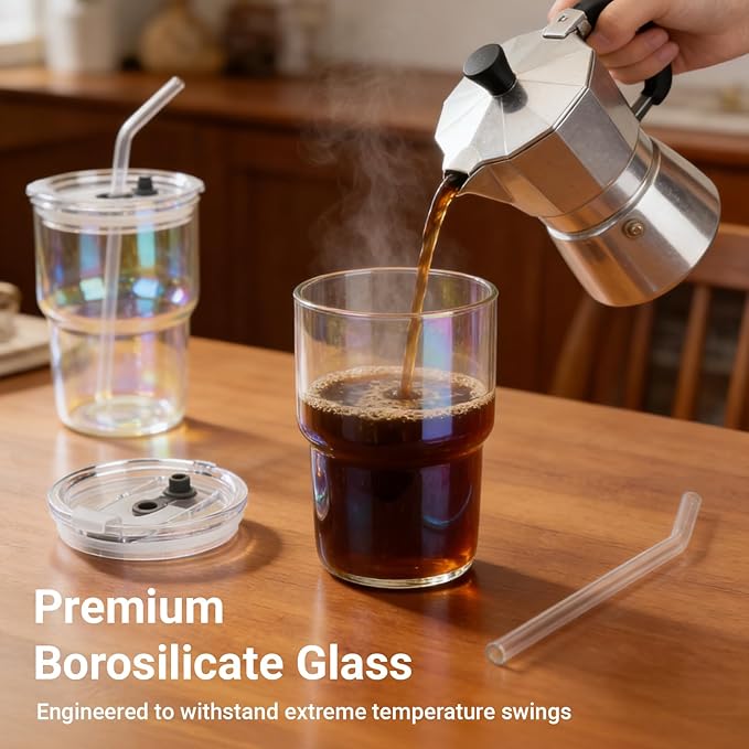 Luxfuel 16 oz Glass Tumbler with Lid & Straw, Reusable Iced Coffee Cup & Smoothie Cup, Leak-Proof Borosilicate Glass for Coffee, Iced Tea, Water – 2 Pack, Ideal for Office, Home & Travel, Amber
