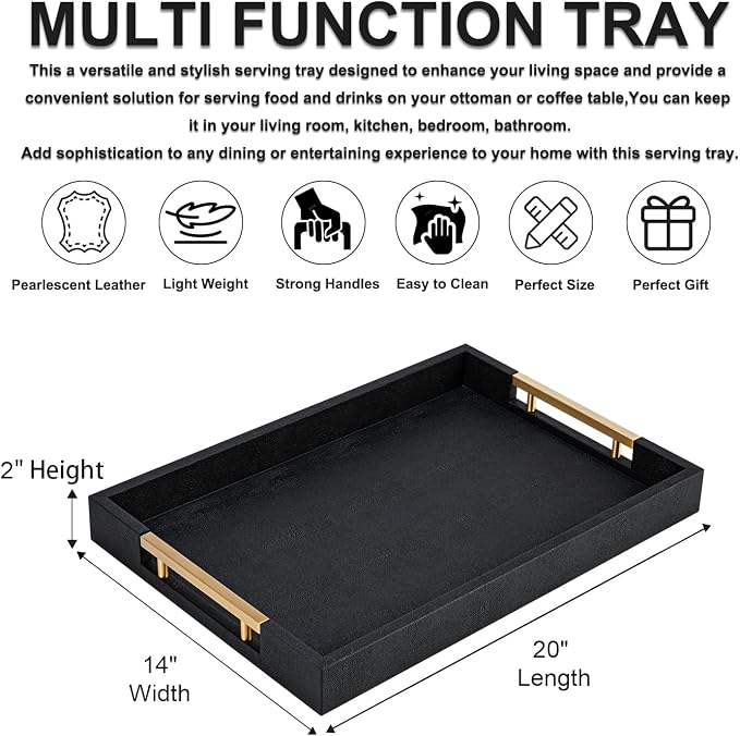 Black Faux Leather Large Square Tray with Handles – Decorative Serving for Coffee Table, Ottoman, Living Room & Bathroom