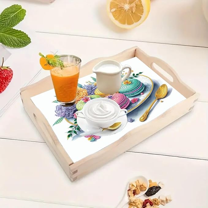 DIY Diamond Serving Tray Rectangular Wooden Breakfast Tray with Handle Handmade Diamond Art Painting Spring Creative Dinner Plate Coffee Room Living Home Organizer-Macarons