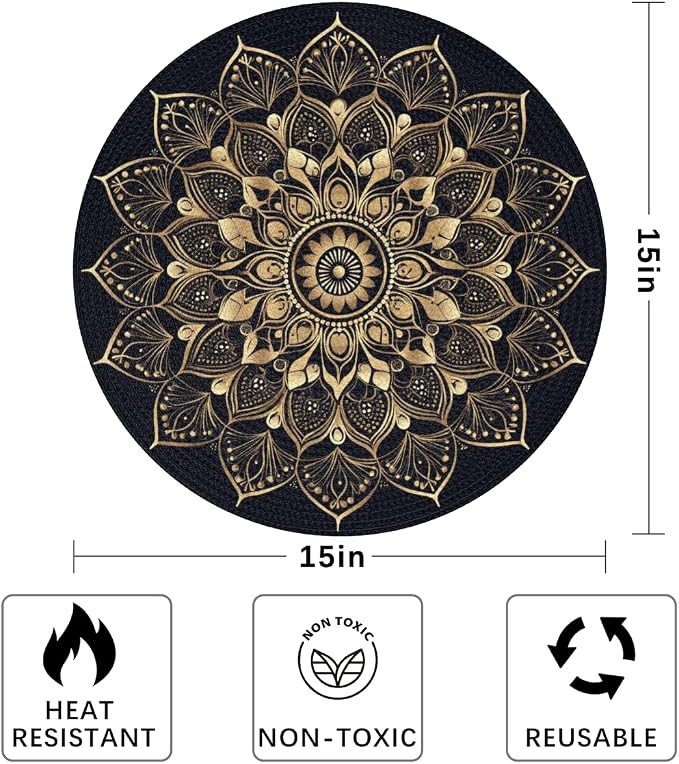 Round Placemats Set of 4, Bohemian Mandala Woven Placemats Mats Non-Slip Heat Resistant Washable Table Mats Round Braided Place for Farmhouse Kitchen Dining Party Decor 15in