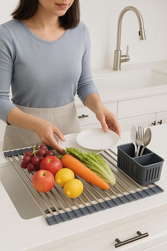 Gabrielline Extra Large Roll Up Dish Drying Rack for Kitchen Sink - 21.6” x 12.7” Stainless Steel Over The Sink Mat with Utensil Caddy & Drip Tray - Heavy Duty Space Saving 5-PC Set